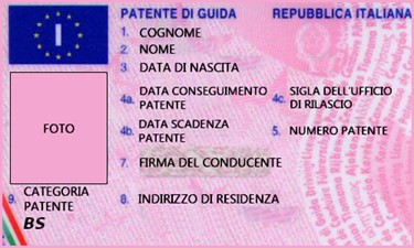 Esempio di patente di guida della Repubblica Italiana con indicazione dei campi informativi e della categoria BS.