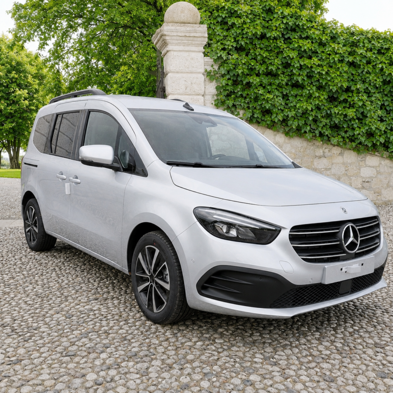 Mercedes Classe T180 L1 A, monovolume argento parcheggiata su pavé