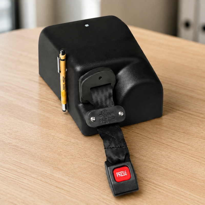 Vericello ACCESS: cinturino di sicurezza nero su tavolo di legno